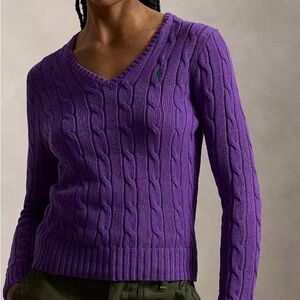 Ralph Lauren Sport Purple Cable Knit V Neck Preppy Sweater Pony Logo Medium